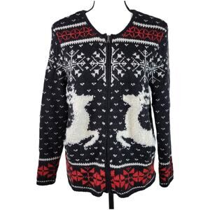 J JILL Cardigan Women's XS Red Black Wool Blend Snowflake Reindeer Festive